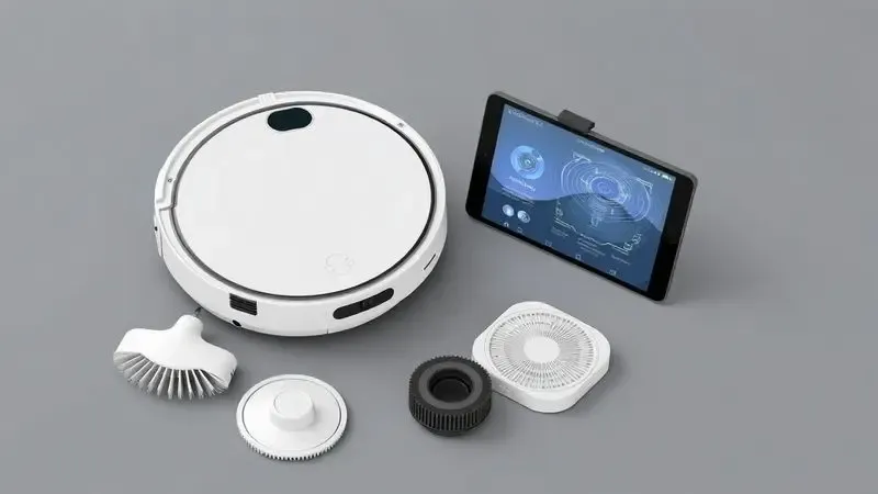 Renderização 3D de acessórios genéricos como escovas e filtros ao lado de um tablet com interface de controle digital.