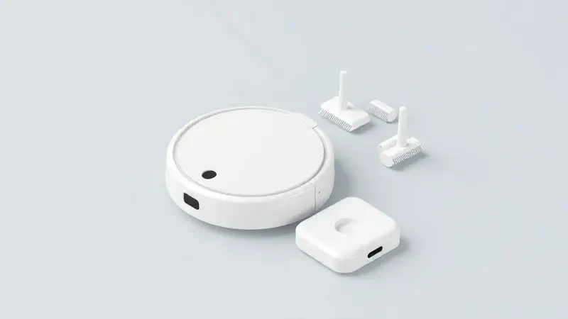 Renderização 3D de acessórios genéricos de um robô aspirador, incluindo controle remoto e escovas laterais, em um fundo neutro.