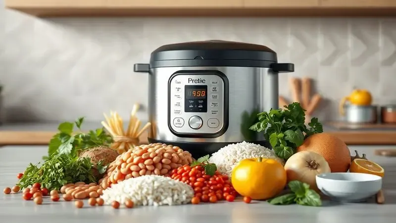 Ilustração 3D de ingredientes como feijão e arroz dispostos harmoniosamente ao lado de uma panela elétrica de pressão.