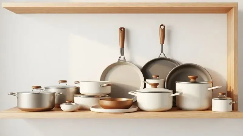 Diferentes estilos de panelas de cozinha organizadas de forma harmônica em uma prateleira minimalista.