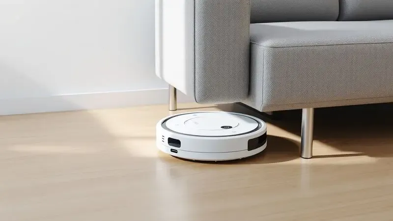 Desenho 3D de um robô aspirador de perfil baixo deslizando suavemente embaixo de um móvel moderno para limpeza.