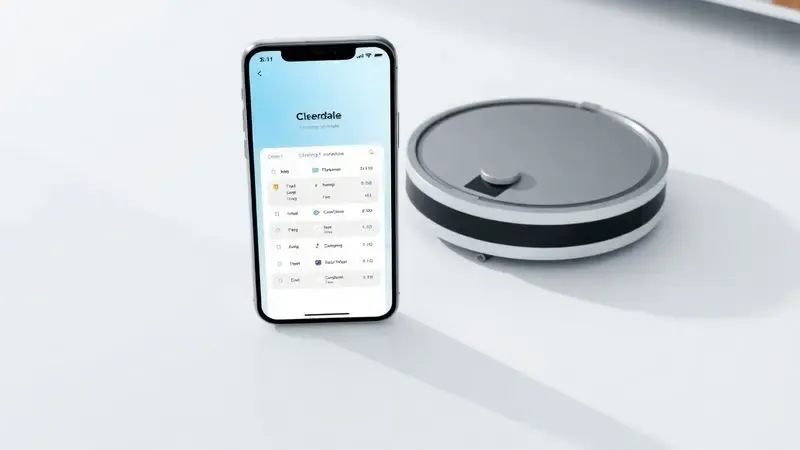 Renderização 3D de um smartphone exibindo interface de controle ao lado de um robô aspirador inteligente em ambiente doméstico.