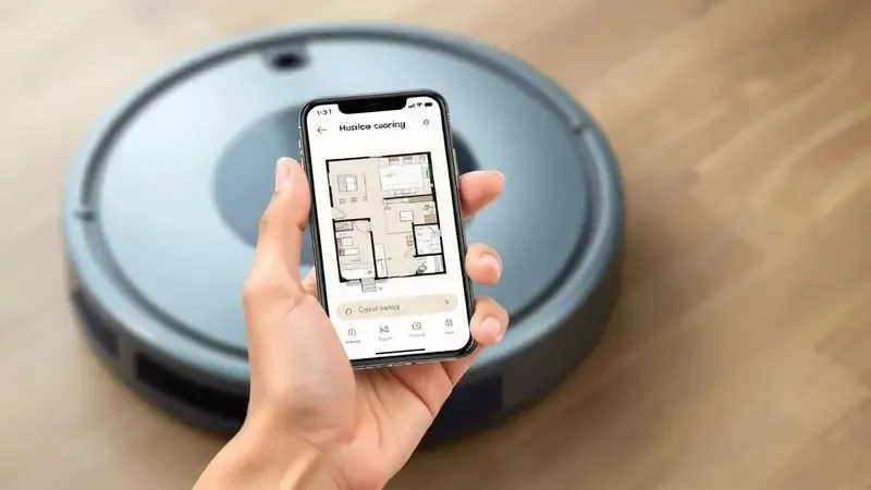 Ilustração de um smartphone exibindo um mapa residencial estilizado ao lado de um aspirador robô.