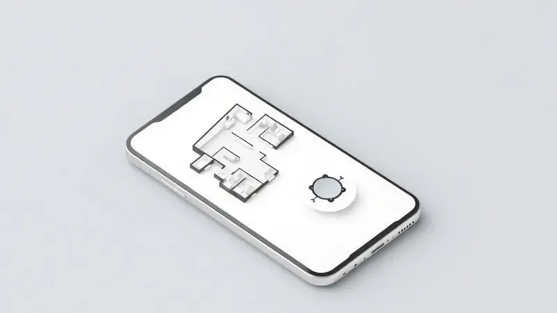 Ilustração 3D de um smartphone exibindo um aplicativo de controle para robô aspirador com mapa da casa.