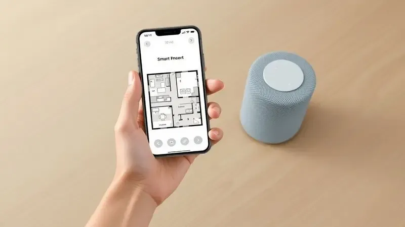 Ilustração de um smartphone com aplicativo de controle de casa inteligente e um alto-falante inteligente sobre uma mesa.