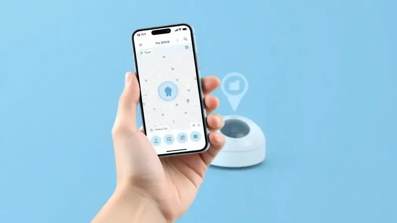 Ilustração 3D de uma mão segurando um smartphone com aplicativo de controle de aspirador robô em ambiente moderno.