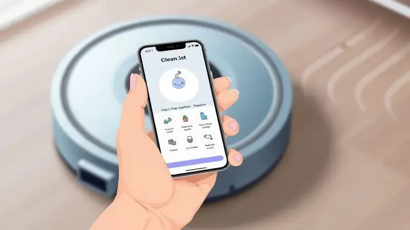 Mão segurando um smartphone com aplicativo conceitual de controle de limpeza e robô aspirador ao fundo.