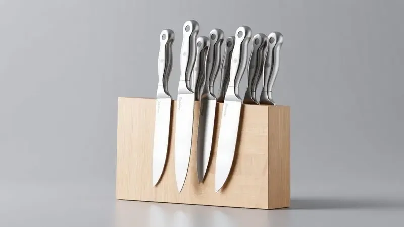 Conjunto de facas de aço inoxidável em um bloco de madeira minimalista para organização eficiente na cozinha.