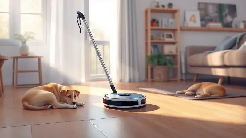 Ilustração digital de um aspirador de pó robô navegando suavemente em uma sala com um cachorro descansando ao fundo.