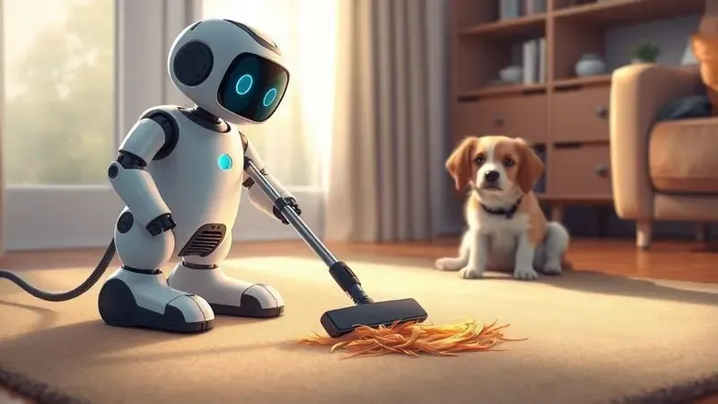 Desenho artístico de um robô aspirador limpando pelos de animais em um tapete com um pet ao fundo.