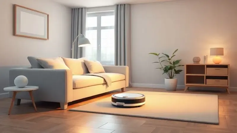 Cena doméstica aconchegante com aspirador robô limpando a sala de estar, representando praticidade e conforto.