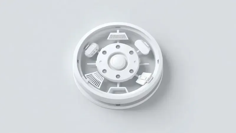 Ilustração 3D conceitual demonstrando a funcionalidade tripla de limpeza de um robô aspirador.