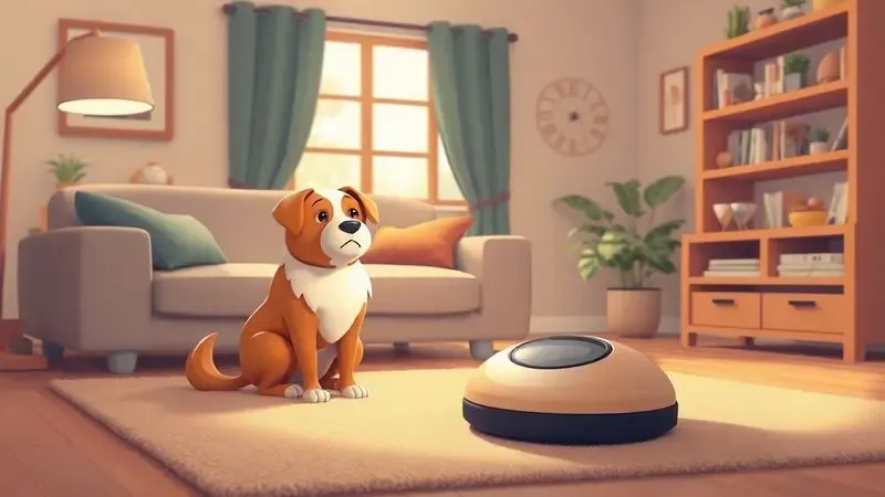 Desenho artístico de um pet observando um robô aspirador silencioso em uma sala aconchegante.