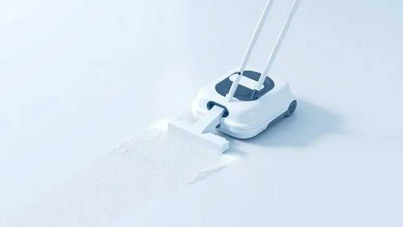 Ilustração digital 3D mostrando um aspirador robô genérico limpando um rastro de poeira em um piso de madeira clara.