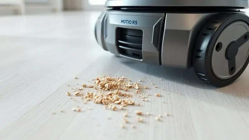 Ilustração digital mostrando o desempenho de um robô aspirador na limpeza de farelos e poeira do chão.