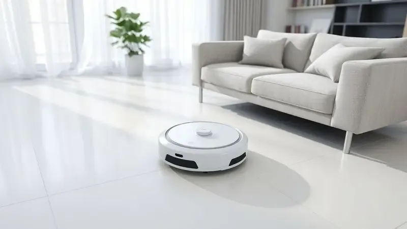 Ilustração 3D de um aspirador robô genérico navegando suavemente por uma sala de estar moderna com luz natural.