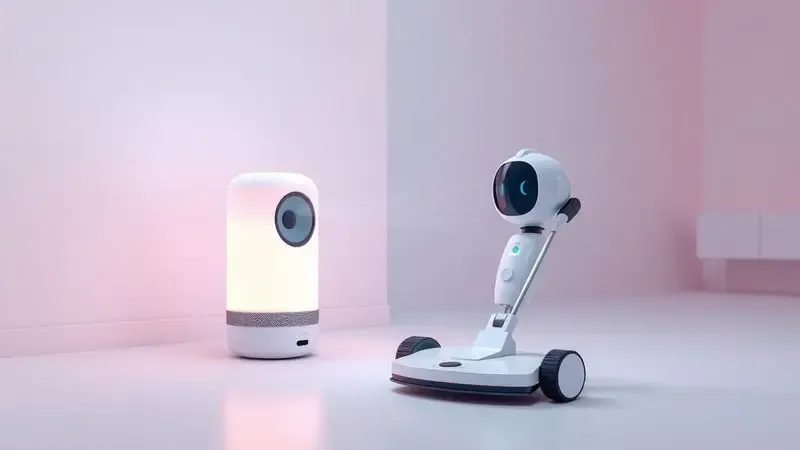Renderização 3D artística de um robô aspirador conectado a um alto-falante inteligente por comandos de voz.