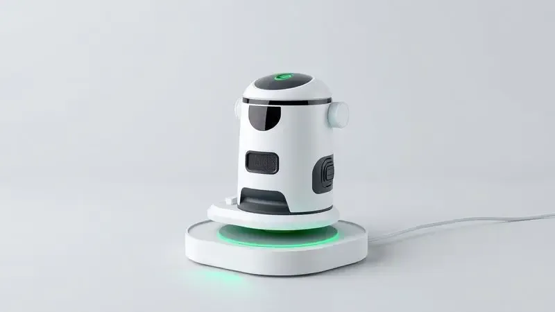 Representação artística de um robô aspirador em sua base de carregamento com indicador de bateria.