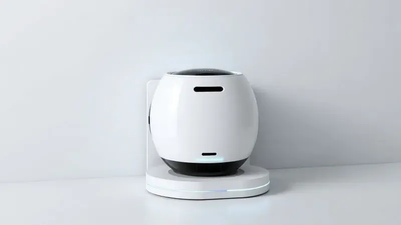 Representação artística de um aspirador robô conectando-se a uma base de carregamento minimalista com luzes indicativas suaves.