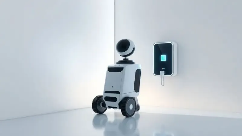 Ilustração de um robô aspirador retornando para sua base de carregamento em um canto organizado da casa.