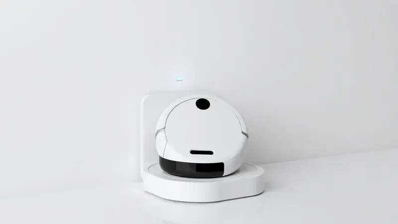 Robô aspirador genérico conectado à base de carregamento em ambiente minimalista.