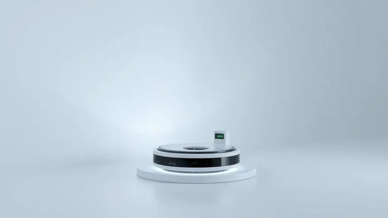 Renderização 3D de uma estação de carregamento minimalista com um ícone de bateria carregada brilhante.