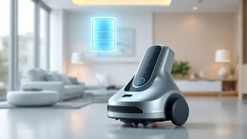 Representação conceitual da autonomia de bateria de um robô aspirador com um ícone de energia brilhando suavemente sobre o aparelho.