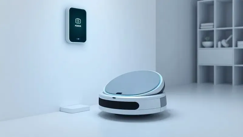 Ilustração de um robô aspirador retornando para sua base de carregamento com luzes indicando carga de bateria.