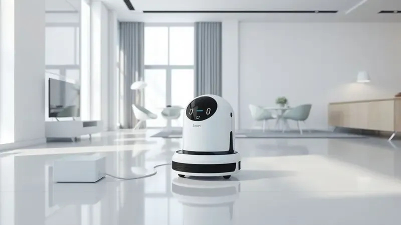 Robô aspirador genérico retornando para sua base de carregamento em um apartamento amplo e ensolarado.