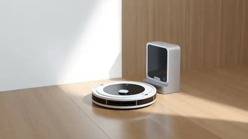 Ilustração digital de um robô aspirador aproximando-se de uma base de carregamento minimalista em um piso moderno.