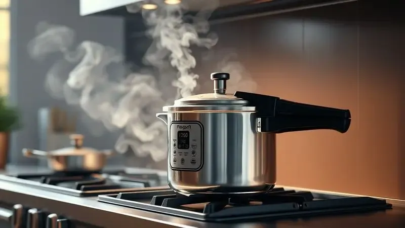 Representação artística em 3D de uma panela de pressão em uso, focando na atmosfera de culinária caseira e eficiência.