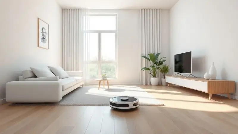 Ilustração artística de um ambiente doméstico limpo e organizado com um robô aspirador operando de forma eficiente.