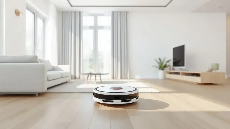 Ilustração 3D de um robô aspirador circulando em uma sala de estar moderna e iluminada com tons neutros.