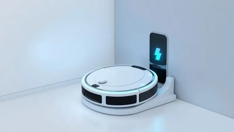 Ilustração de um robô aspirador retornando para sua base de carregamento em um ambiente moderno e minimalista.