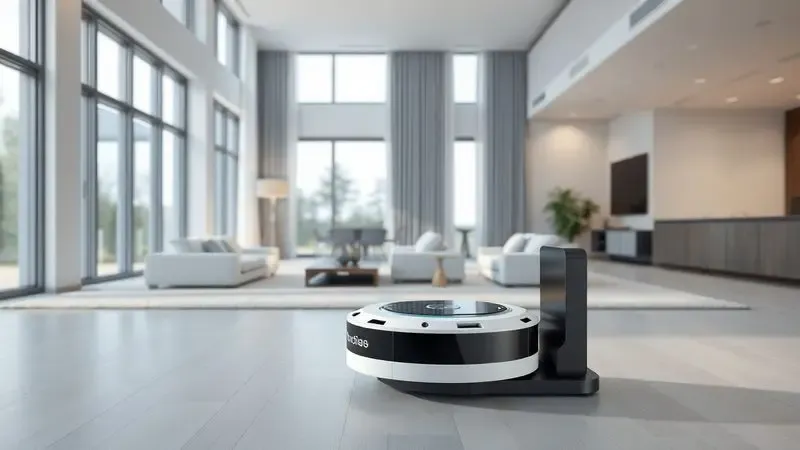 Renderização 3D de um robô aspirador genérico retornando à sua base de carregamento minimalista em uma sala ampla.