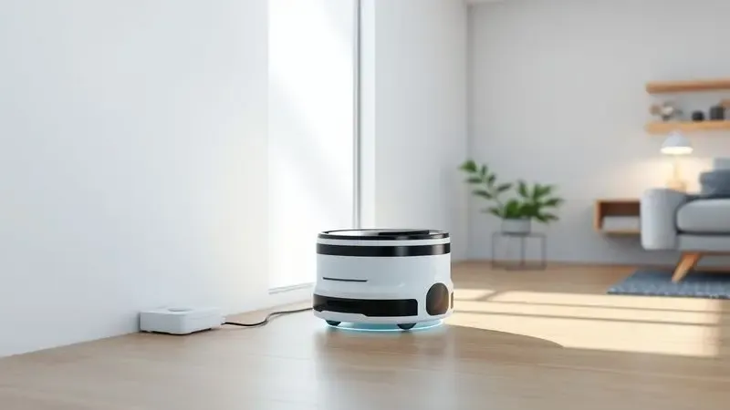 Ilustração de um robô aspirador retornando à base de carregamento em uma sala iluminada, simbolizando autonomia.