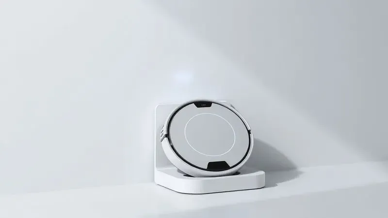 Representação 3D de um aspirador robô acoplado em sua base de carregamento minimalista em um ambiente doméstico organizado.