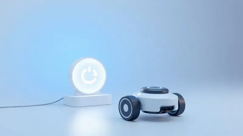 Representação 3D de um robô aspirador retornando para a base de carregamento de bateria.