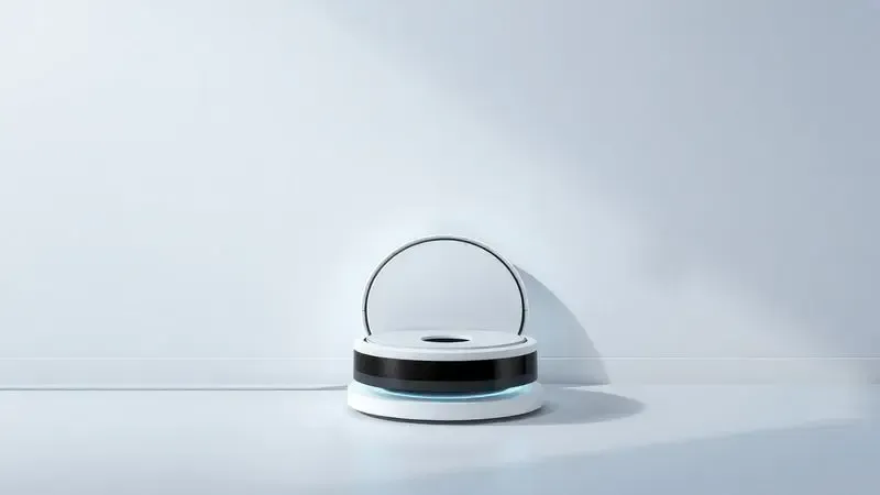 Ilustração de um robô aspirador acoplado à sua base de carregamento em um ambiente minimalista e organizado.