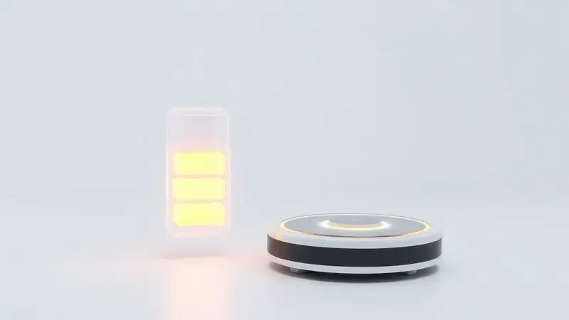 Ilustração 3D de um indicador de bateria e energia para representar a autonomia do aspirador robô.