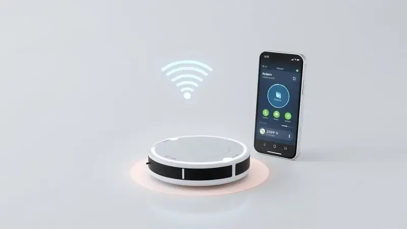Ilustração 3D artística mostrando a conexão sem fio entre um smartphone e um robô aspirador em uma casa moderna.