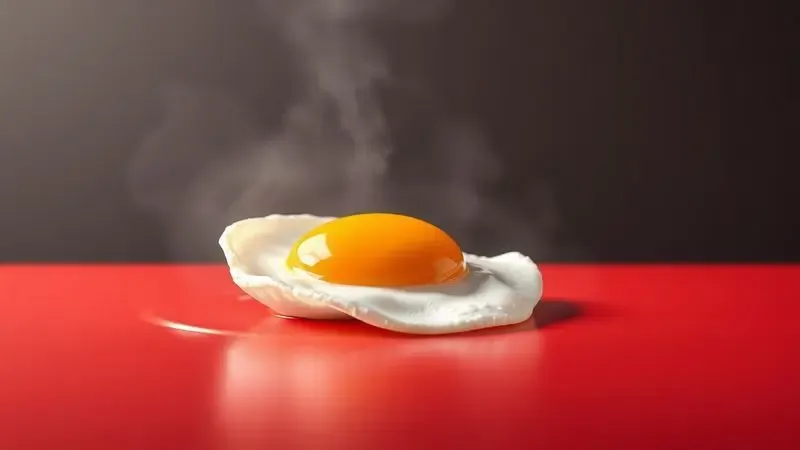 Ilustração digital de um ovo frito deslizando suavemente sobre uma superfície vermelha antiaderente, simbolizando saúde e praticidade.