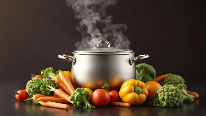 Ilustração 3D conceitual de legumes frescos e vapor saindo de uma panela, simbolizando os benefícios da cozinha sob pressão.