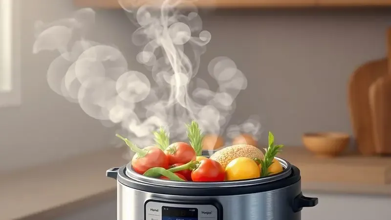 Ilustração digital de legumes frescos e vapor saindo de uma panela de pressão elétrica moderna, destacando a praticidade.