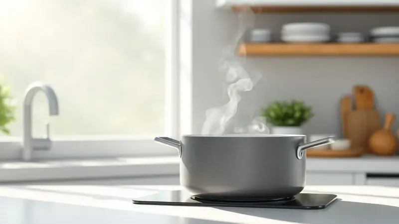 Cozinha moderna com panela de cerâmica cinza representando os benefícios de uma alimentação saudável e preparo prático.