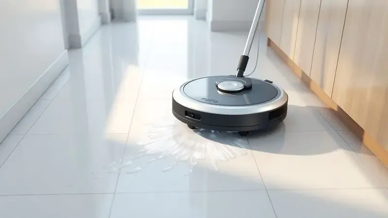 Ilustração digital de um robô aspirador passando pano em um piso frio brilhante, demonstrando a função mop de limpeza profunda.