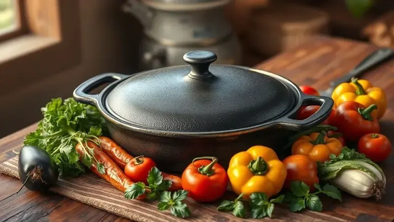 Ilustração 3D de uma panela de ferro fundido com vegetais frescos, destacando a versatilidade e durabilidade do material na cozinha.