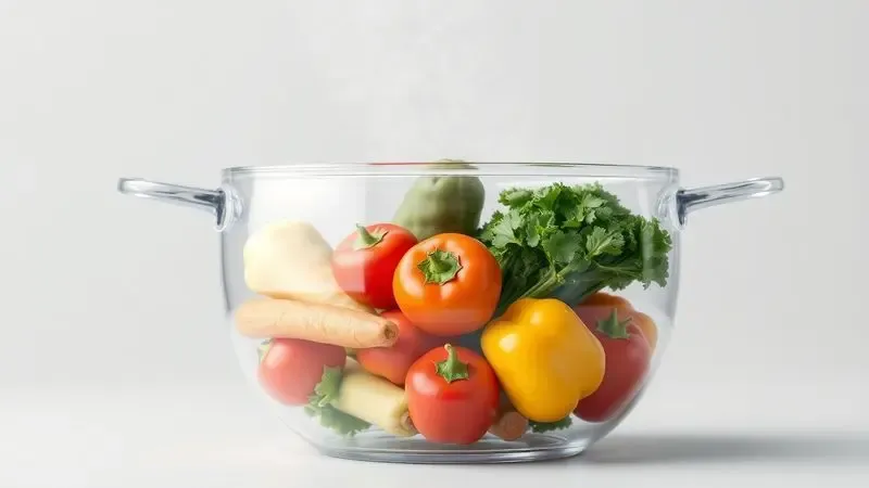 Ilustração 3D de legumes frescos dentro de uma panela de vidro transparente simbolizando saúde e pureza alimentar.