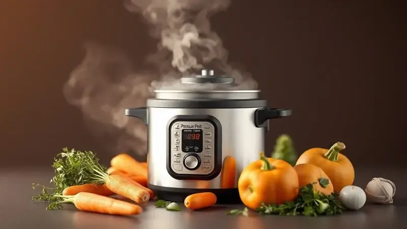 Ilustração 3D de uma panela de pressão cozinhando alimentos saudáveis com vapor suave.