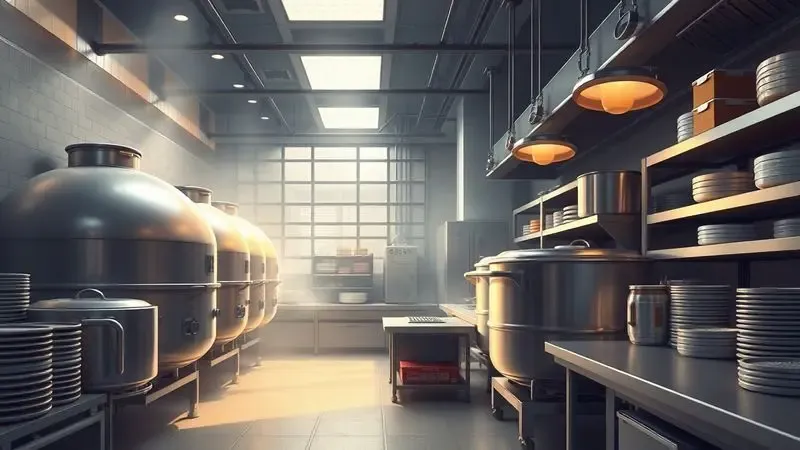 Ilustração de uma cozinha profissional organizada com panelas de grande capacidade em destaque.